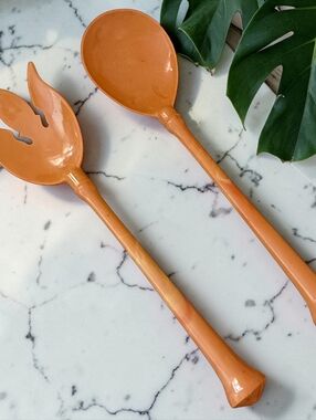 Vintage Melamine Salad Servers Fork Spoon Butterscotch Swirl Harvest Gold MCM